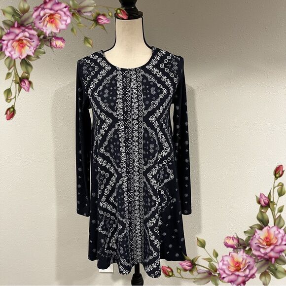 Geometrical floral print long sleeve navy tunic / mini dress - Picture 1 of 11